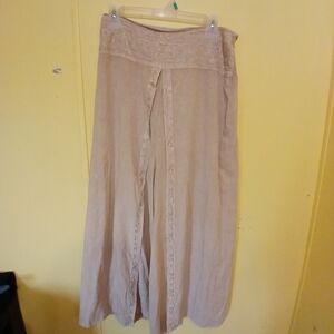 Beige Wide-Leg Pants with Embroidered  Detail